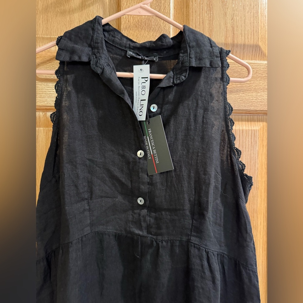 Black Sleeveless Linen Midi Dress with Collar - Picture 2 of 3